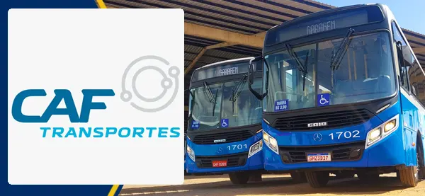 Logo e ônibus da CAF Transportes Passos