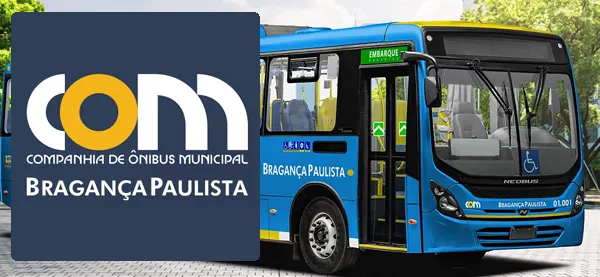Logo e ônibus da COM Bragança Paulista