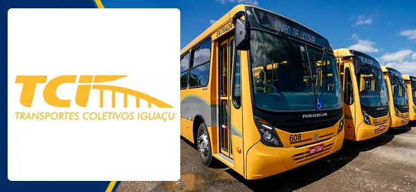 Logo e ônibus da TCI Transportes Coletivos Iguaçu
