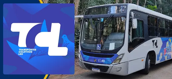 Logo e ônibus da Transportes Coletivos Léo