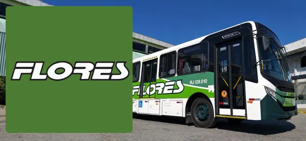 Logo e ônibus da Transportes Flores
