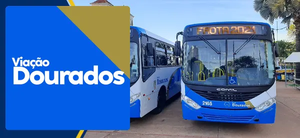Logo e ônibus da Viação Dourados